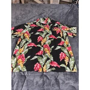 Iolani Mens Hawaiian Shirt Black Red‎ Floral Tropical Ginger Made in Hawaii XL